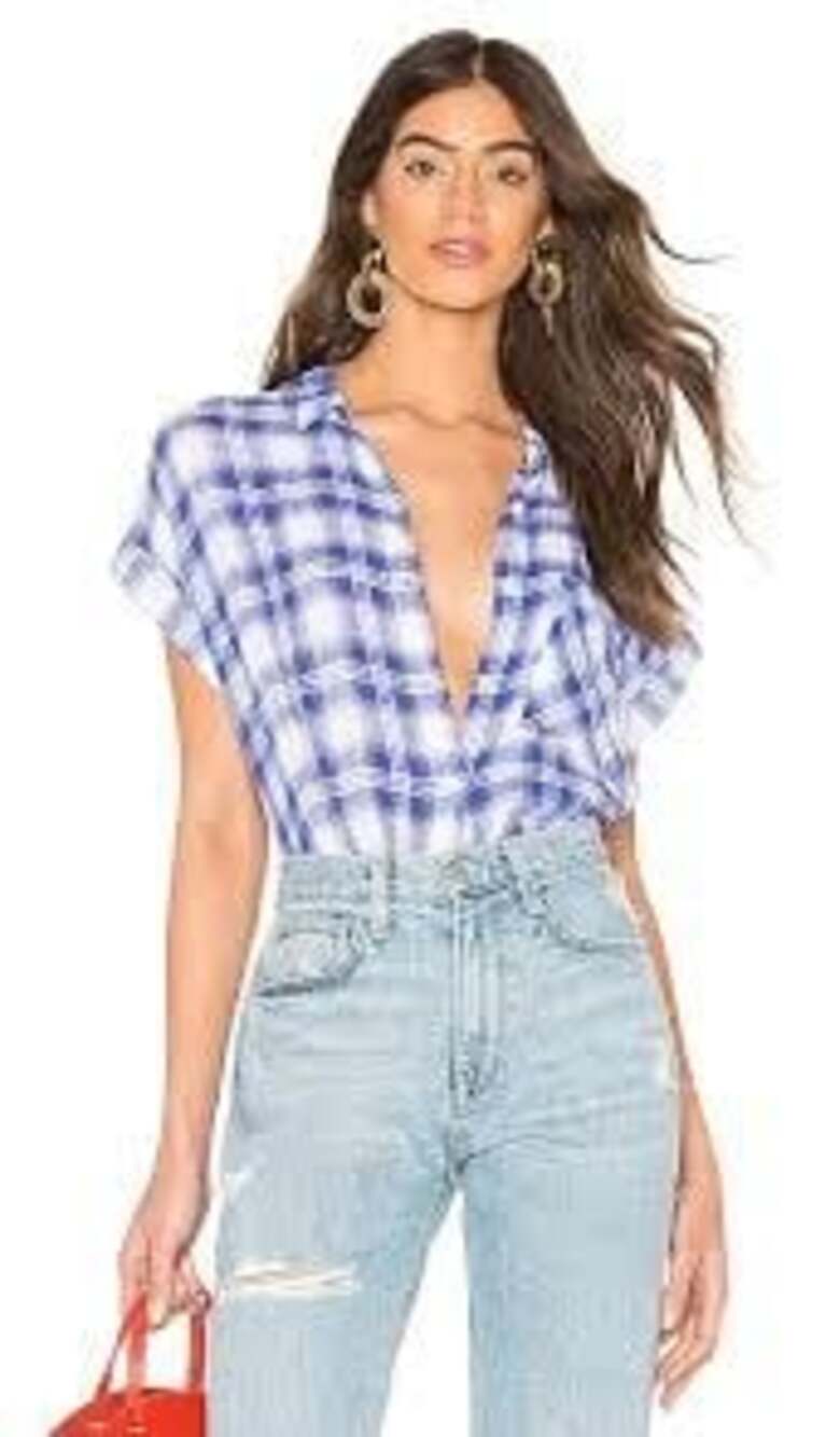 Rails Whitney White Coast Blue Plaid Linen Blend Short Sleeve Button Up Shirt